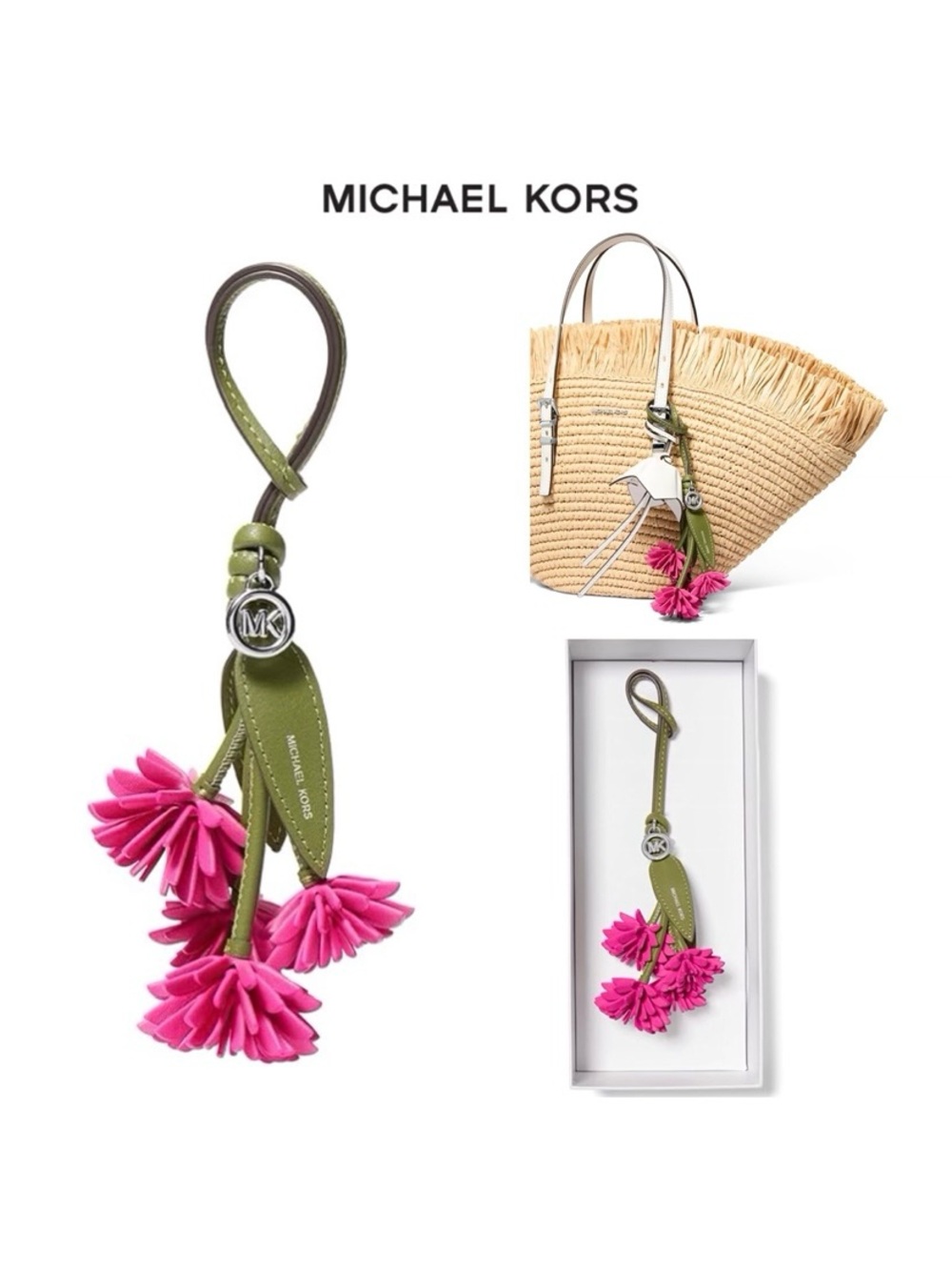 NWT MICHAEL KORS Smooth Leather Flower Cluster Loop Over Bag charm/ Keychain